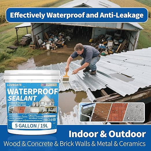 Liquid Waterproof Sealant Clear 5 Gallon, LUVBOATE Transparent Waterproof Coating Water-Based Invisible Repairing Leak Agent Roofs, Walls, Bathroom, Kitchen Indoor & Outdoor