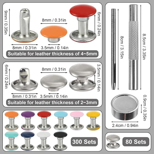 YORANYO 380 Sets 8MM Leather Rivets Kit Studs for Clothing Double Cap Rivets for Clothing Fabric Colorful Rivets with Leather Crafting Rivet Tool for Repair Decorate Clothes Shoes Bags Belt Dog Collar