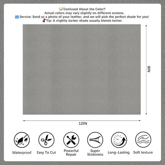 2 Pcs Gray Leather Repair Tape, 8x12 Inch Leather Repair Patch Self-Adhesive, Waterproof Faux Leather Patch, Vinyl Repair Tape for Couch, Sofas, Furniture, Office Chair, Car Seats