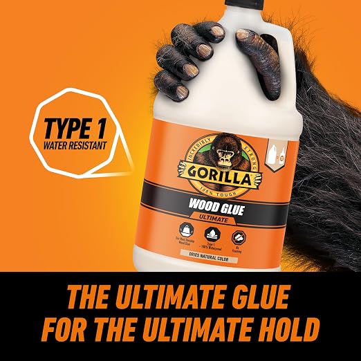 Gorilla Wood Glue Ultimate, Waterproof High‑Strength Wood Glue, Natural Dry Finish, 1 Gallon