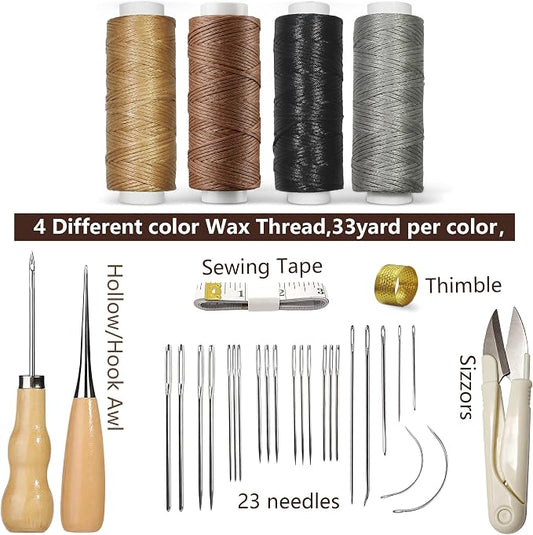 Leather Sewing & Upholstery Repair Kit with 2 Awls, Needles & Waxed Thread | for Stitching and Repairing Car Seats, Sofas, Carpets, Shoes and Bags, ideal for Canvas, Tents and DIY Leather Crafts