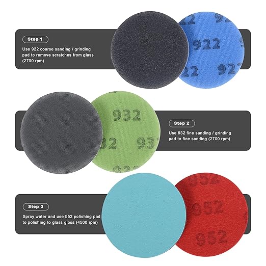 Glass Scratch Repair Kit, 5 Inch Silicon Carbide Mesh Sanding Pads Set - 3PCS Coarse/Fine/Polishing Pads forTempered Glass, Shower Screen Repair, Reusable Anti-Clog