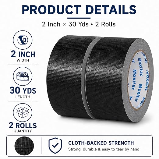 Black Duct Tape Heavy Duty, 2 Rolls, 2 Inch x 30 Yards Each, PE Coated Cloth Tape, Easy Tear by Hand, Water-Resistant Surface for Repairs, Packaging, Bundling, Garage and Workshop