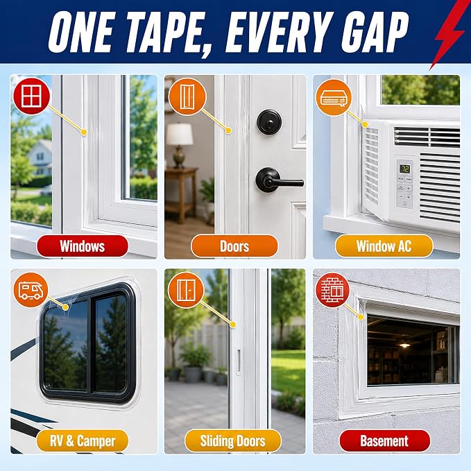 Window Weather Sealing Tape, 2" x 35 Yards Ultra-Clear Insulation Tape - Residue-Free Weather Stripping for Windows, Doors & AC Units, Blocks Drafts, Waterproof & Windproof, All-Season