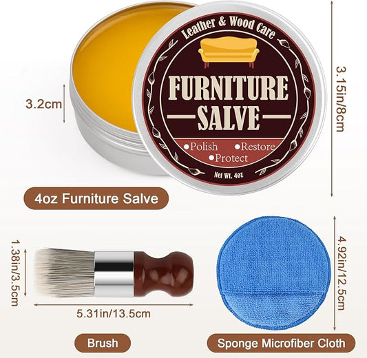 Furniture Salve for Leather & Wood, AHIER 4oz Professional Furniture Repair Salve Kit with Brush and Sponge Pad, Restore, Protect, Polish Conditioner for Couch, Chairs, Tables Leathers Cleaning