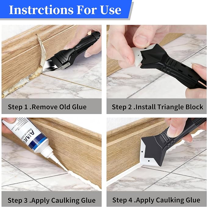 3 in 1 Silicone Caulking Tool Kit, Professional Sealant Finishing Tool with Replaceable Silicone Pads, Caulk Removal Scraper, Easy Grout Filling & Residual Glue Clean for Kitchen Bathroom Window Sink