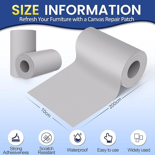 Self-Adhesive Canvas Repair Tape, 4" x 79" Waterproof Canvas Repair Patch, Fabric Patch Repairs Kit for Furniture, Tents, Sunbrellas, Boat Covers Awnings, Couches, Clothes, Bags Light Grey