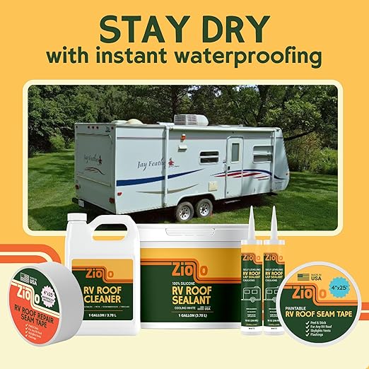 Ziollo RV Repair Kit with 2 x 10 oz of Self Leveling Caulking Lap Sealant & 1 RV Roof Repair Seam Tape 4" x 25' - Works on EPDM, TPO, Metal & Fiberglass