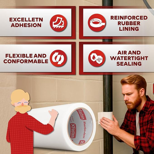XFasten Waterproof Patch Seal Repair and Leak Shield Tape, White, 6-Inch x 5-Foot, Weatherproof Water Barrier Tape for Chimney, Roof, Boat, and HVAC Hose Repair