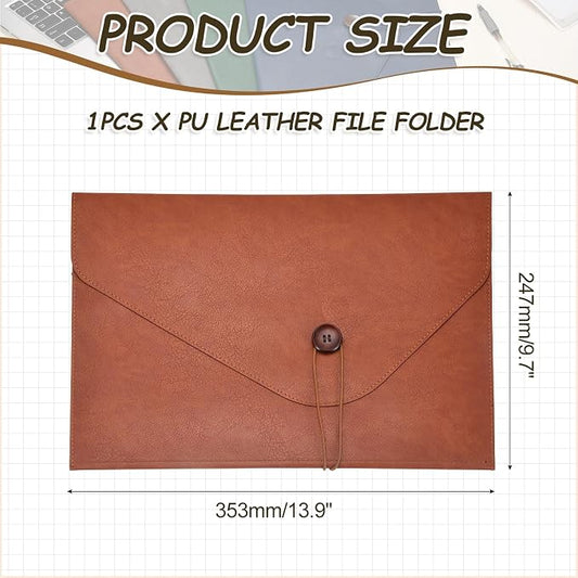PATIKIL Leather Folder, 14x10 Leather Document Holder File Folder PU Pouch Bag Portfolio File Organizer Button Personal Envelope Waterproof for Traveling Office Men Gift, Brown