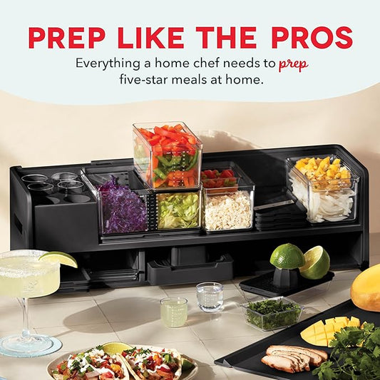 Prepdeck Gen 2 Recipe Prep & Storage Station - 8 Essential Tools + Deluxe Cutting Board, 14 Plastic Containers + Super-Seal Lids, Removable Trash Compartments, Tablet Stand Included - Midnight Black