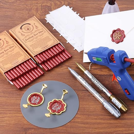 Wax Seal Kit, WASOHLING 40Pcs Metallic Red Sealing Wax Sticks with Glue Gun, Wax Seal Molds, Silicone Mat, Marker Pens, Premium Kit for Wedding Invitations Envelopes Cards (Wine Red)