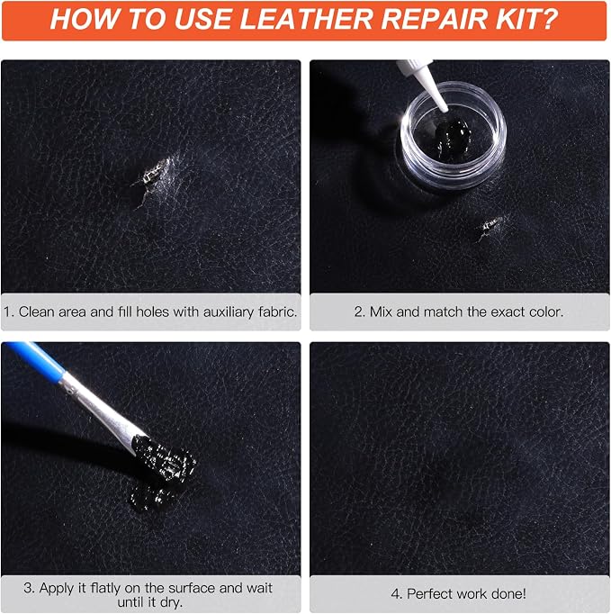 Black Leather Repair Kit for Furniture Leather Filler Mink oil for Car Interior, Car Seats, Sofa, Jacket and Purse, Vinyl Repair Kit with Color Matching Guide, Restores Artificial, Genuine Leather