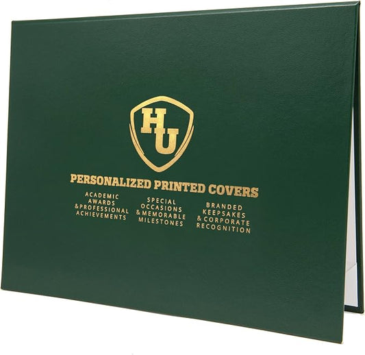 Premium Green Faux Leather Document Cover 8x6 Small Size | Tent-Style Opening, Non-Padded, Custom Metallic Foil Printing | Ideal for Diplomas, Awards, Certificates with Professional Finish