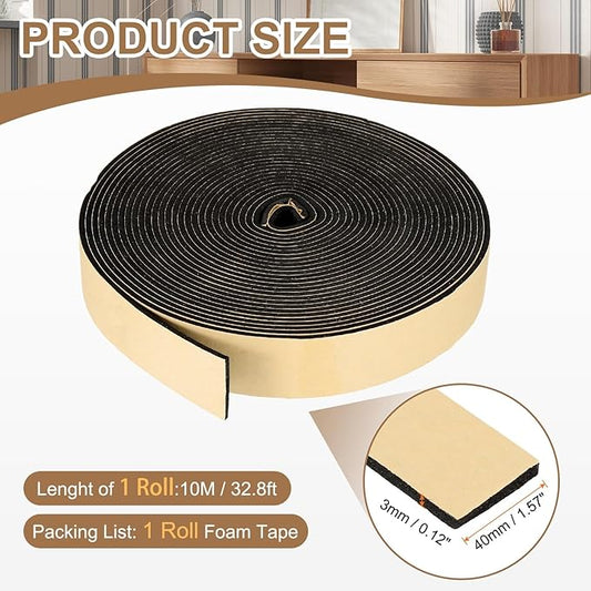 PATIKIL Foam Insulation Tape, 1-1/2" W x 1/8" t x 32.8FT Self Adhesive Weather Stripping Door Seal Strip for Door Window Air Conditioning, Black