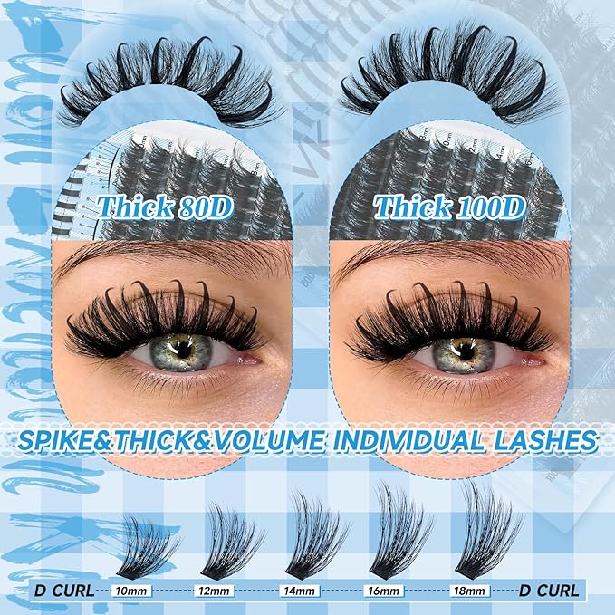 Lash Clusters Kit 80D+100D Lash Clusters with Spikes 3D Volume Eyelash Clusters Lash Extension Kit With Lash Bond And Seal Lash Tweezers (80D+100D,10-18mm)