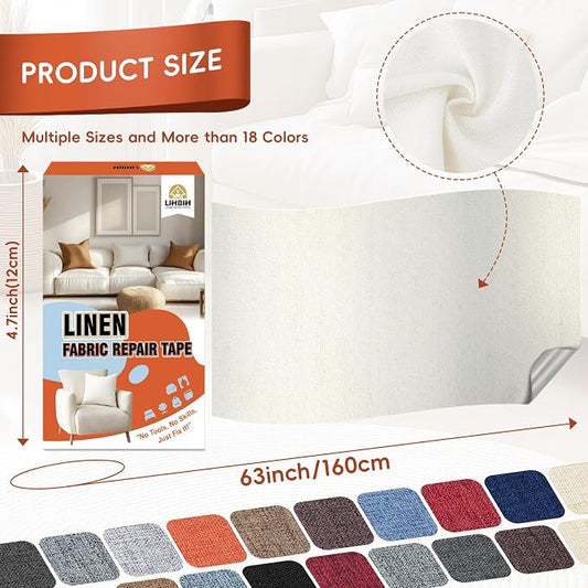 Linen Fabric Repair Tape 4.7x63 Inch, Self Adhesive Couch Patch Repair Fabric Tape for Furniture, Linen Patch Kit for Couch, Carpet, Upholstery, Chair, Sofa, Cushion, Bag (Beige White)