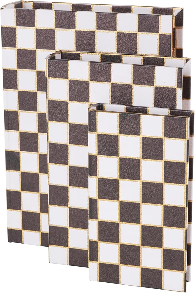 Deco 79 Faux Leather Decorative Box Faux Book Storage Book Shaped Boxes with Black and Gold Square Patterns, Set of 3 Decorative Keepsake Boxes 13", 11", 9"H, White