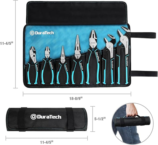 DURATECH 7-Piece Pliers Set with Rolling Pouch, Premium Cr-Ni Construction (10", 8" Groove Joint Pliers, 8", 6" Long Needle Nose, 8" Linesman, 6" Slip Joint, 6" Diagonal) for Basic Repair