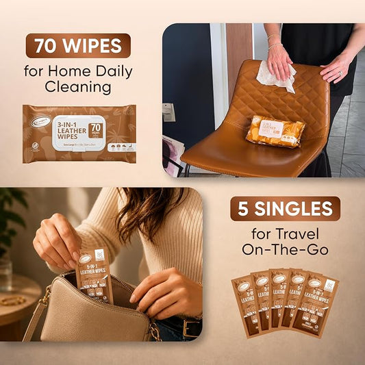 Air Jungles 3in1 Leather Wipes 70 Ct + 5 Single Pack, XL 8 x 10 in | Clean Condition Protect Wipes for Vinyl and Leather Apparel Furniture Auto Car Interior Shoes Boots Bags