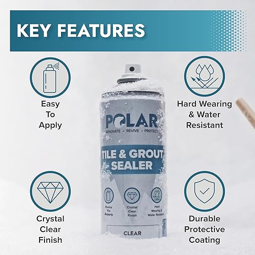 Polar Tile & Grout Sealer Clear Aerosol Spray - 6 x 13.5 Fl Oz | Instantly Waterproofs and Protects Floor Tile Grout | Ideal for Bathroom, Shower & Kitchen | Interior & Exterior Tile Sealer