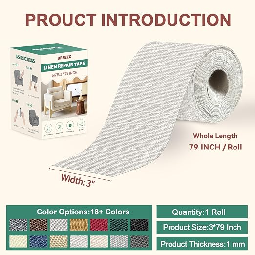 BESEZX Linen Fabric Repair Tape, 3x79 Inch Self Adhesive Repair Patches, Couch Fabric Tape for Furniture, Sofa, Chair, Upholstery.(Beige Grey)