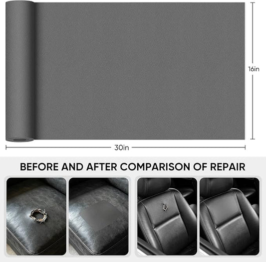 Leather Repair Tape,16 x 30 Inches Self Adhesive Leather Repair Patch,Leather Repair Kit for Furniture,Couches,Car Seats,Cabinets,Handbags(Fine-Grain Dark Gray)