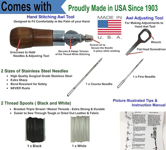 Repair Stitch Tool | Sewing Awl for Bounce Houses, Inflatables, Leather, Thick Fabric, Shoes, Bags, Belt, Upholstery Repair Kit & Crafts Leather, Tarp Stitching – Made in USA. Professional Heavy Duty