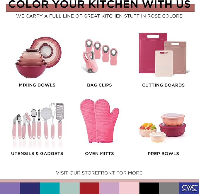 COOK WITH COLOR Mixing Bowls with Lids - 12 Piece Plastic Nesting Bowls Set includes 6 Prep Bowls and 6 Lids, Microwave Safe Mixing Bowl Set, Rose Embossed