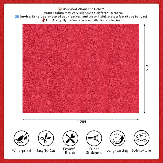 2 Pcs Red Leather Repair Tape, 8x12 Inch Leather Repair Patch Self-Adhesive, Waterproof Faux Leather Patch, Vinyl Repair Tape for Couch, Sofas, Furniture, Office Chair, Car Seats