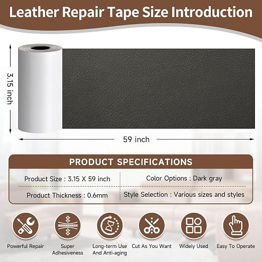 Leather Repair Tape, Heavy Duty Vinyl Repair Patch, Waterproof Self Adhesive Leather Repair Kit for Fixing Holes & Scratches on Couch, Car Seat, Furniture (Dark Grey, 3.15 x 59in)