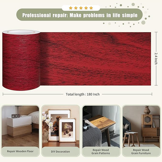 Besezx Wood Grain Tape, 2.4" X15', Self Adhesive Wood Grain Repair Patch for Tables, Chairs, DIY,Baseboards, Doors, Windows, Floors and Furniture Renovation.(Red)