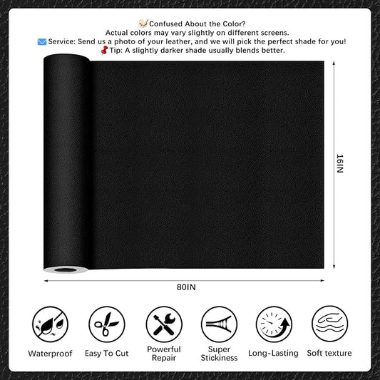 Black Leather Repair Tape, 16x80 Inch Leather Repair Patch Self-Adhesive, Waterproof Faux Leather Patch, Vinyl Repair Tape for Couch, Sofas, Furniture, Office Chair, Car Seats