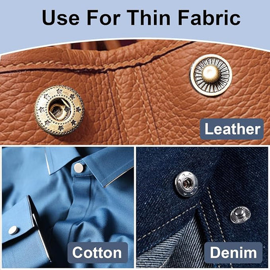 Alritz 15mm Leather Snap Button Kits with Hammer Punch Spacer, 90 Sets Metal Snaps Press Studs with 4 Setter Tools for Thin Clothes, Jackets, Jeans Wears, Bracelets, Bags