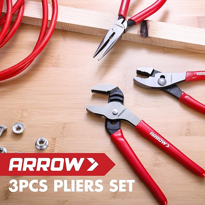 ARROW 3PCS Pliers Set, 6" Needle Nose Pliers, 6" Slip Joint, 8" Groove Joint with Non-slip Handle, Premium Carbon Steel, for Daily Repair & Home Maintenance