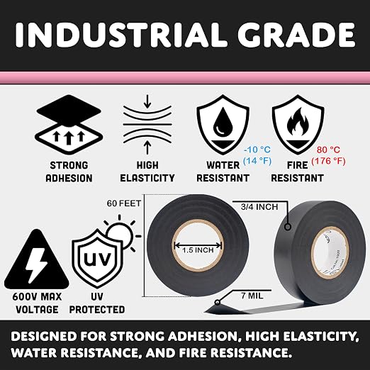 TradeGear Pink 10 Pack - UL Listed Colored Electrical Tape, 60 ft x 3/4 in, 600V, Flame Retardant, Waterproof, Rubber Adhesive - Phase Marking, Wire ID, Automotive
