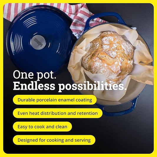 Lodge Essential Enamel Cast Iron Dutch Oven 6 Quarts - Perfect for Bread Baking, Braising, Marinating & Slow Cooking, Features Moisture-Sealing Lid & Dual Handles, Kitchen Essentials, Indigo