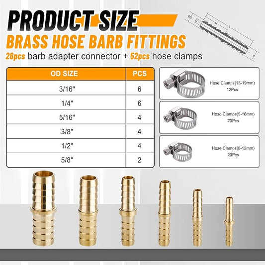26PCS Brass Hose Barb Fitting,Barb Splicer Mender Hose Fittings 3/16" 1/4" 5/16" 3/8" 1/2" 5/8" with 52Pcs Stainless Steel Pipe Hose Clamps for Air/Fuel/Water/Oil Hose