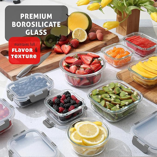 EATEX 24pc Glass Storage Containers with Lids, 12 Glass Food Storage Containers with 12 Airtight Lids for Pantry & Kitchen, Meal Prep Containers for Lunch, Oven Freezer Microwave & Dishwasher Safe