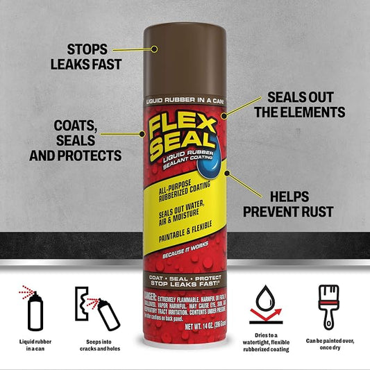 Flex Seal, 14 oz, 2-Pack, Brown, Stop Leaks Instantly, Waterproof Rubber Spray On Sealant Coating, Perfect for Gutters, Wood, RV, Campers, Roof Repair, Skylights, Windows, and More