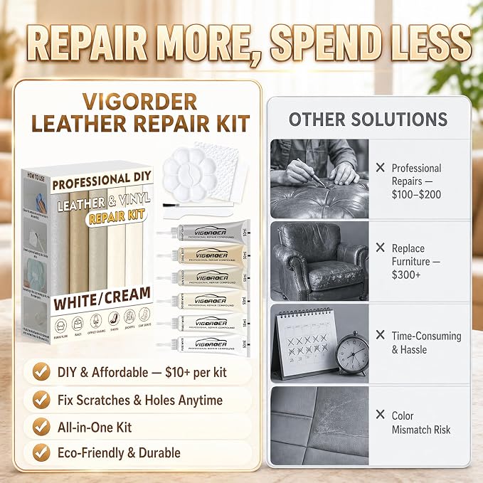 Vigorder Cream Leather Repair Kit for Furniture, Vinyl Repair Kit for Car Interior, Sofa, Jacket, Purse – Super Easy Instructions to Fix Scratches, Tears, Holes, and Peeling
