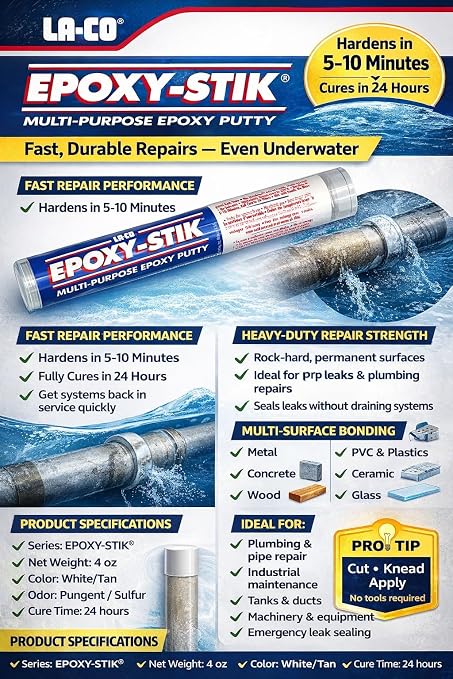 LA-CO 19571 Epoxy Stik, 2-Pack, 4 oz Two-Part Epoxide Repair Putty, Waterproof, Potable Water Safe