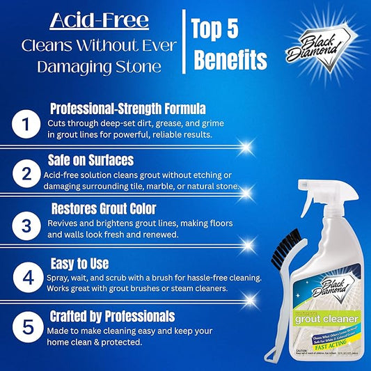 Black Diamond Ultimate Grout Cleaner: Best Cleaner for Tile,Ceramic,Porcelain, Marble Acid-Free Safe Deep Cleaner & Stain Remover for Even The Dirtiest Grout. (1-Quart/1-Brush)
