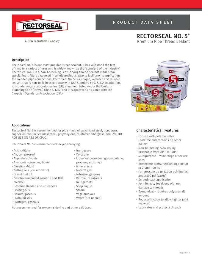 RectorSeal No. 5 25631 Pipe Thread Sealant, Lubricates & Protects Threads, Soft Setting, Slow Drying, & Permits Easy Breakout, Lead Free & Contains No Other Metals, 4 oz