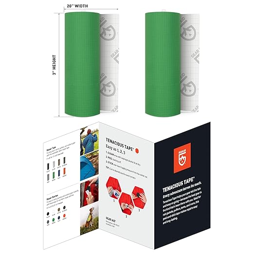 GEAR AID Tenacious Tape 3” x 20” Fabric and Vinyl Gear Repair Tape, Fix Holes and Rips in Puffy Jackets, Rain Gear, Tents, Sleeping Bags and Outdoor Equipment, Green, 2 Rolls
