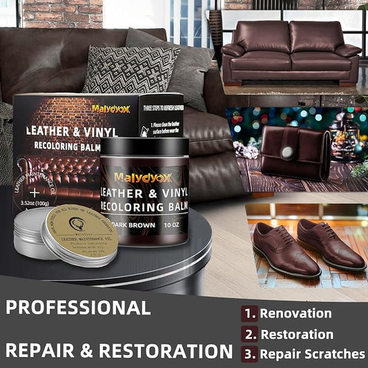 Malydyox 10oz Leather Recoloring Blam with 3.52oz Mink Oil, Leather Repair Kit for Furniture, Leather Couches Restorer, Leather Couch Repair, Leather Conditioner for Couch (Dark Brown)