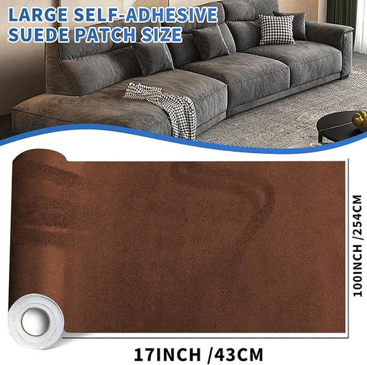 17x100inch Suede Repair Patch, Large Faux Suede Leather Fabric,Self-Adhesive Fabric Patches for Furniture, Couch, Sofa, Car Interior, Shoes, Hand Bag, Jewelry Boxes (Brown,)