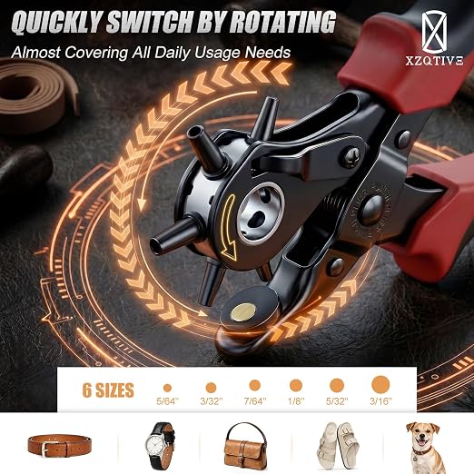 XZQTIVE 6 Sizes Heavy Duty Revolving Punch Plier Kit, Double Lever Labor-Saving Belt Hole Puncher Tool Set for Leather Repair, Watch Bands, Bag Straps, Dog Collars, Saddles, Shoes, Fabric, DIY Crafts