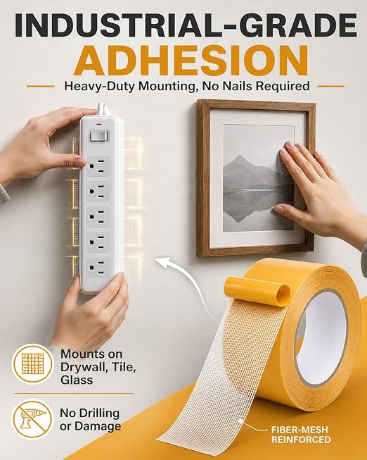 Grid Double-Sided Tape, Heavy Duty Waterproof Mesh Magic Tape Tear-Resistant Hight Adhesion Removable No Residue for Curtains, Carpets, Crafts and Home Repairs(10 meters-2pc,30 mm)