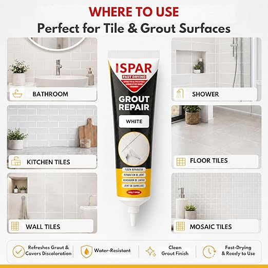 ISPAR Tile Grout Repair Kit – Dark Gray Grout Filler 8.8 oz, Pre-Mixed Grout Repair Paste, Ready to Use Tile Joint Filler for Bathroom & Shower Tile, Includes Spatula
